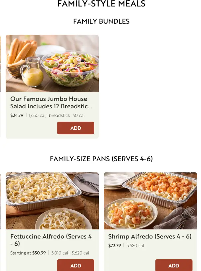 Olive Garden Family-Style Meals Menu USA