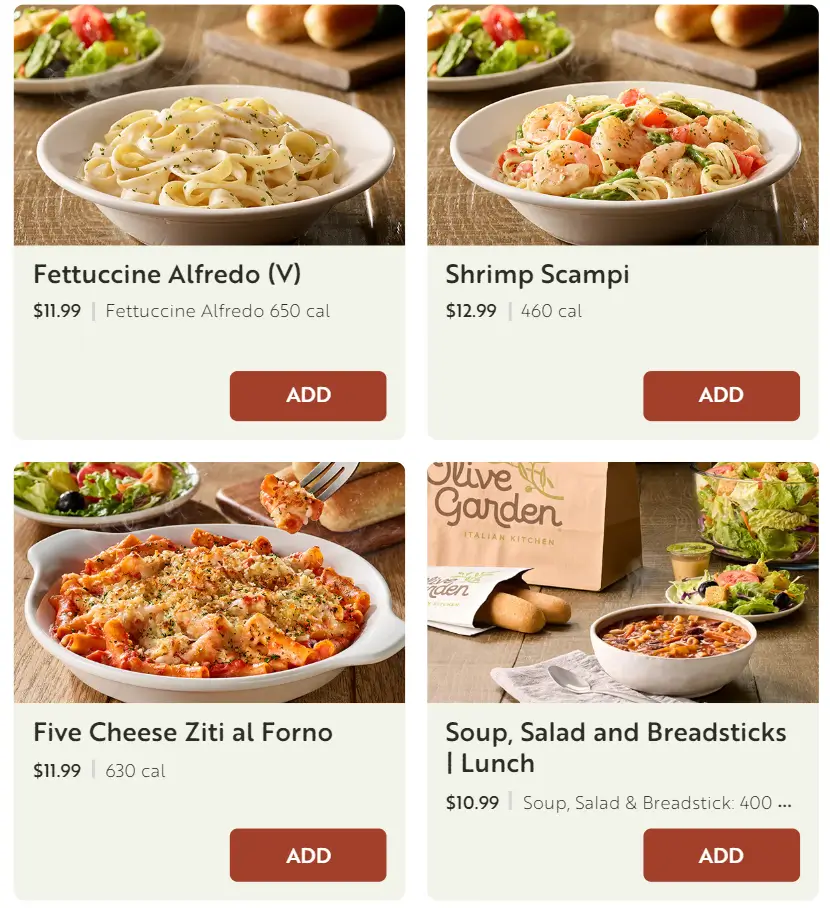 Olive Garden Lunch-Sized Favorites Menu USA