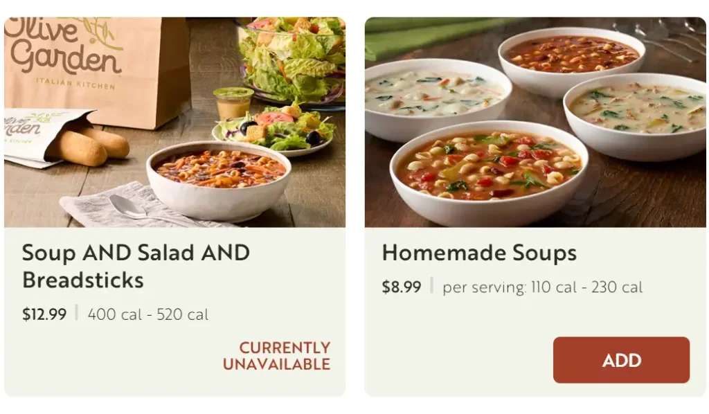 Olive Garden Soups, Salads, and Breadsticks Menu USA