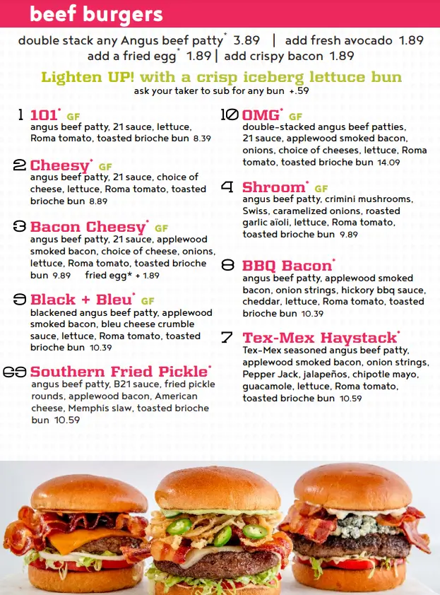 Order Burger 21 Menu Items USA