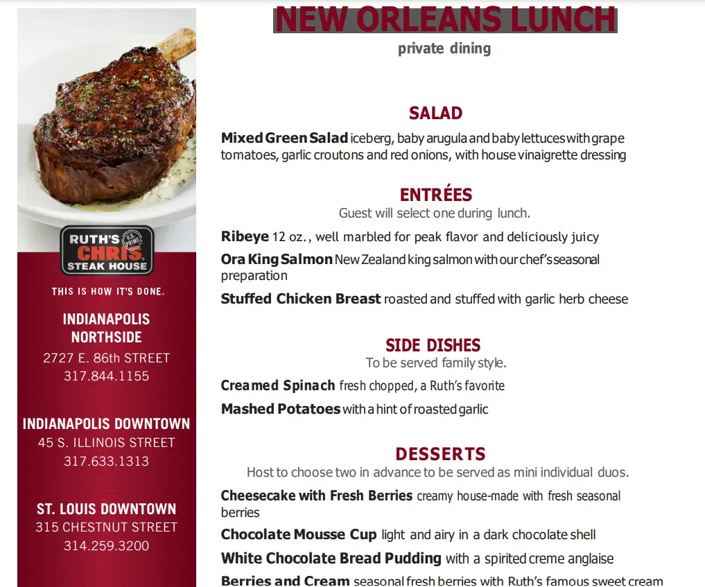 Order Ruth’s Chris Steak House Menu USA