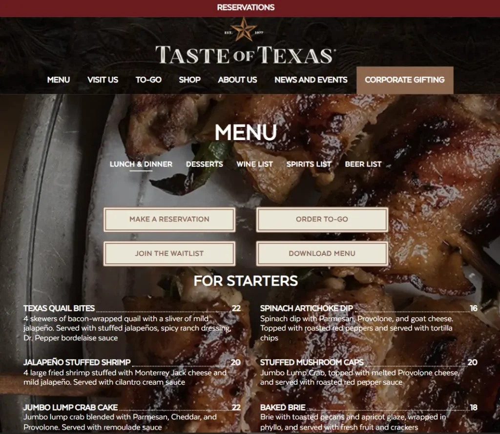 Order Taste of Texas Menu Items USA