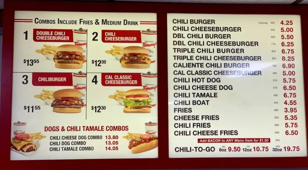 Original Tommy's Menu With Prices USA