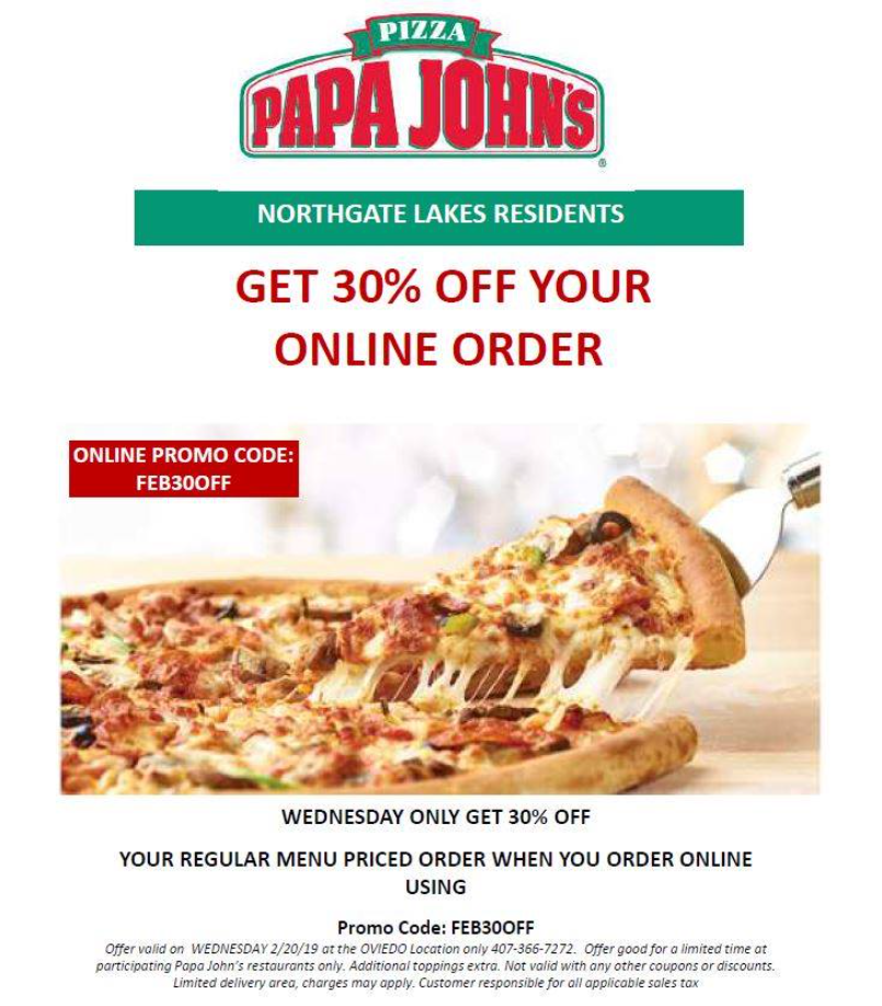 Papa John’s 30% Off Online Orders Deal USA