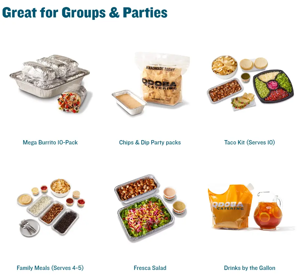 QDOBA Great for Groups & Tailgates Menu USA