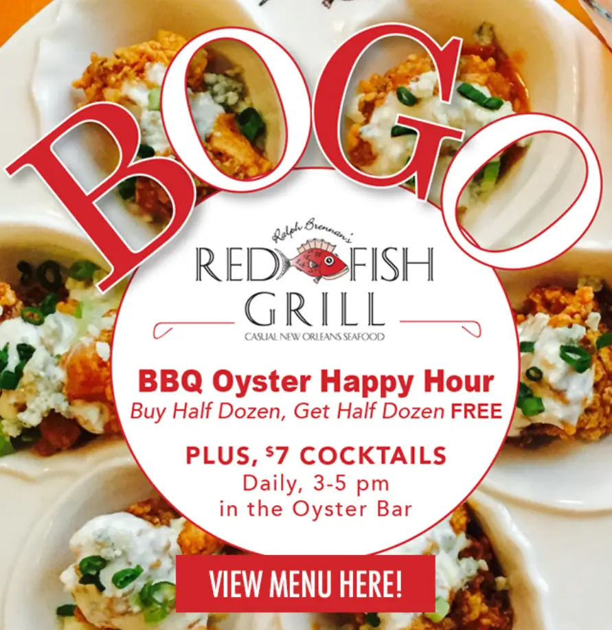 Red Fish Grill BBQ Oyster BOGO Happy Hour Menu USA