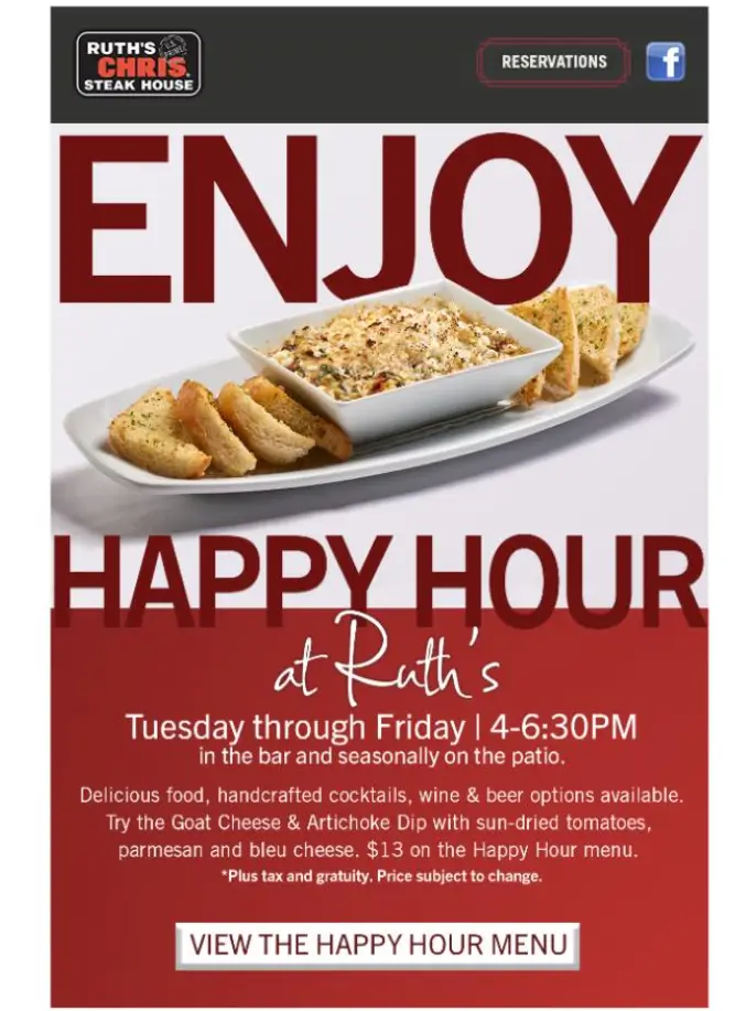 Ruth’s Chris Steak House Happy Hour Specials Deal USA