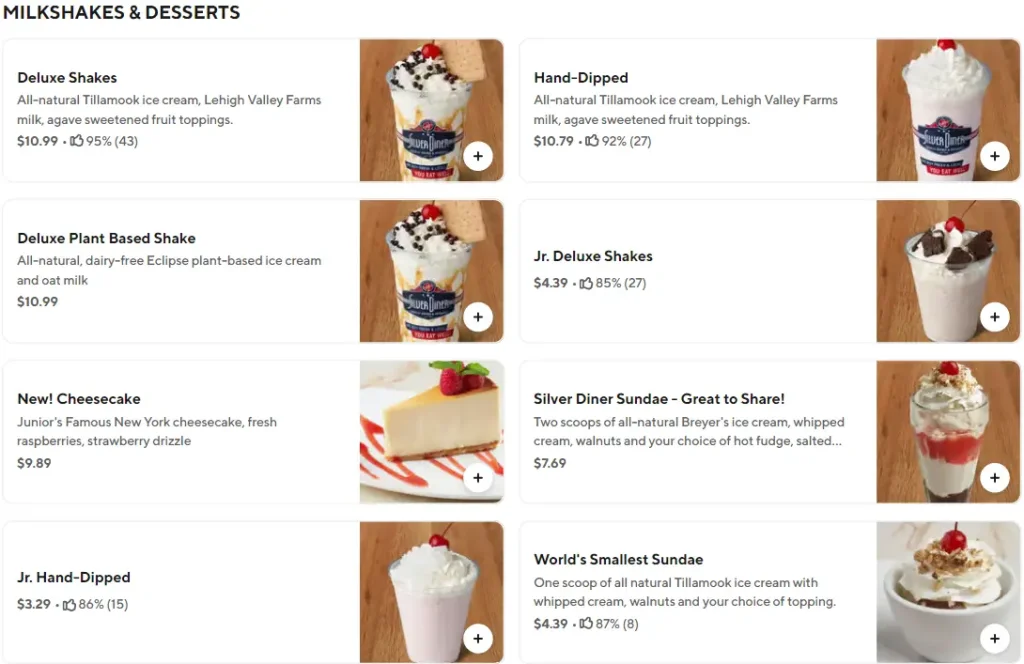 Silver Diner MILKSHAKES & DESSERTS Menu USA