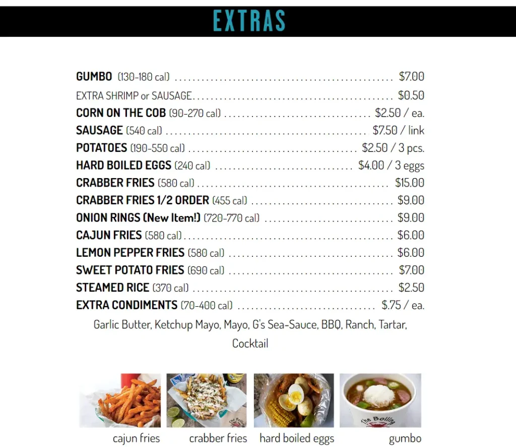 The Boiling Crab Extras Menu USA