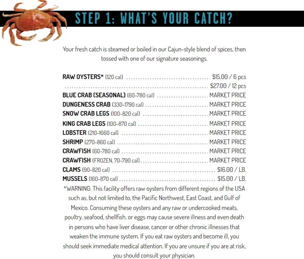 The Boiling Crab What's Your Catch Menu USA