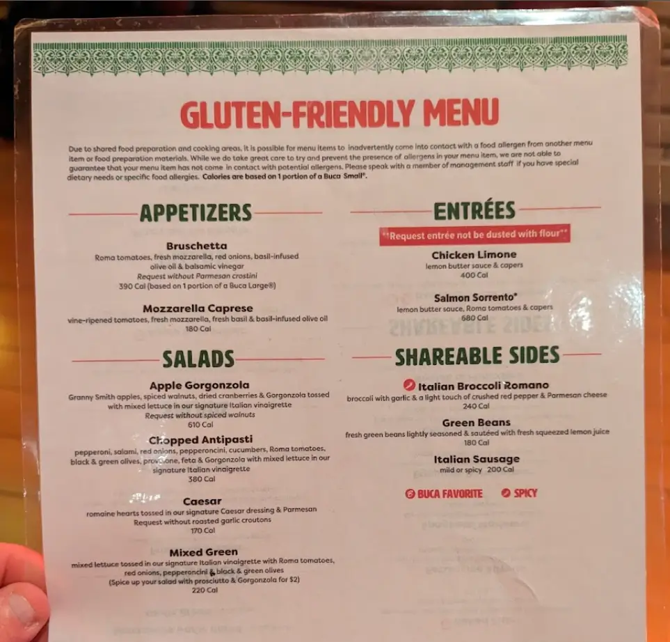 Allergens Values Of Buca di Beppo Menu USA