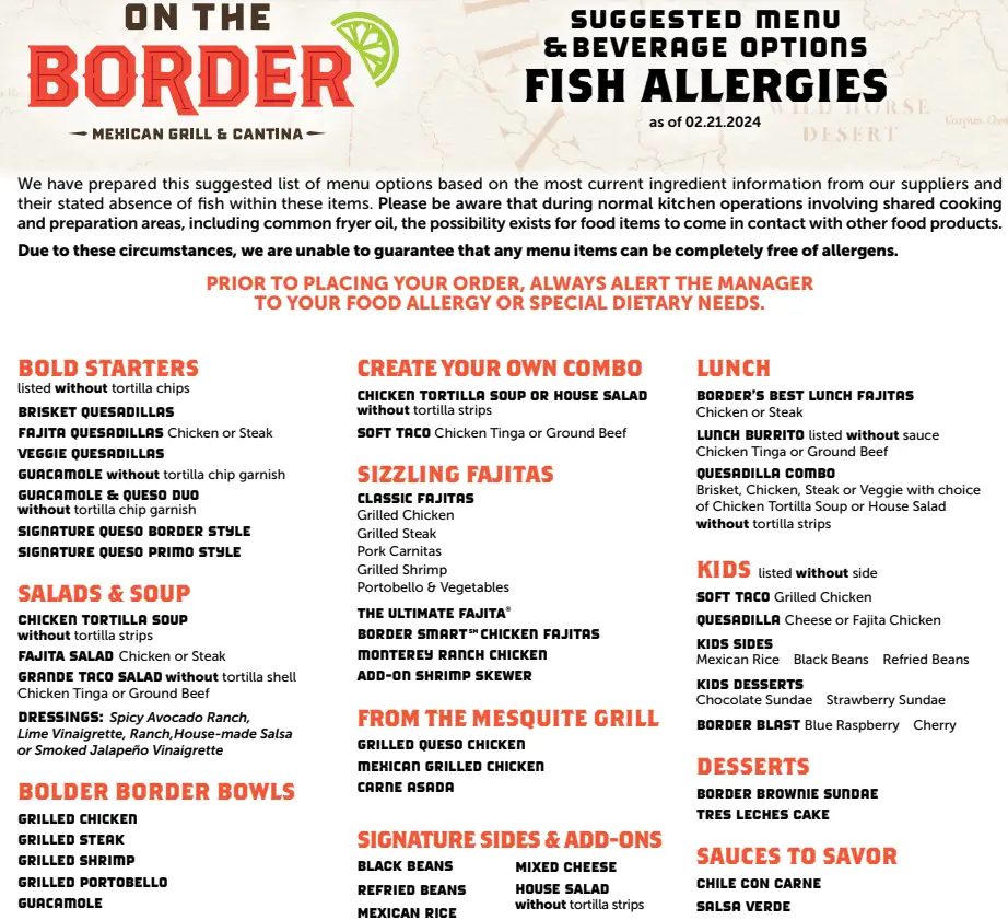 Allergens Values Of On The Border Menu USA