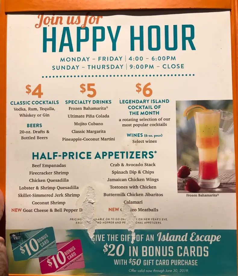 Bahama Breeze Happy Hour Specials Menu USA