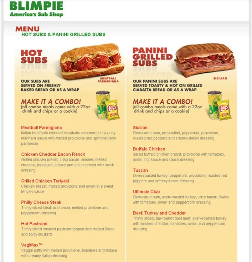 Blimpie Menu Prices USA