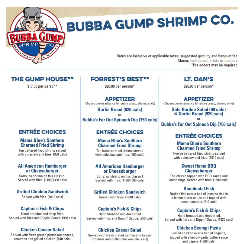 Bubba Gump Menu Latest Prices USA