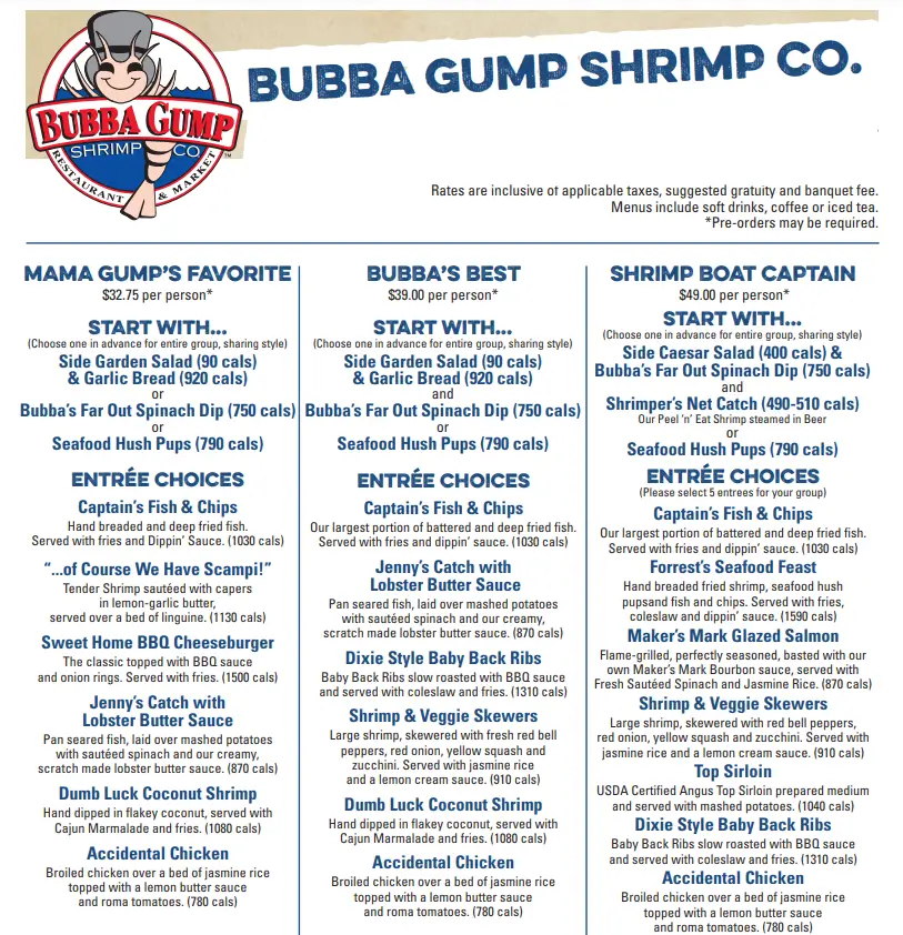 Bubba Gump Menu With Prices USA