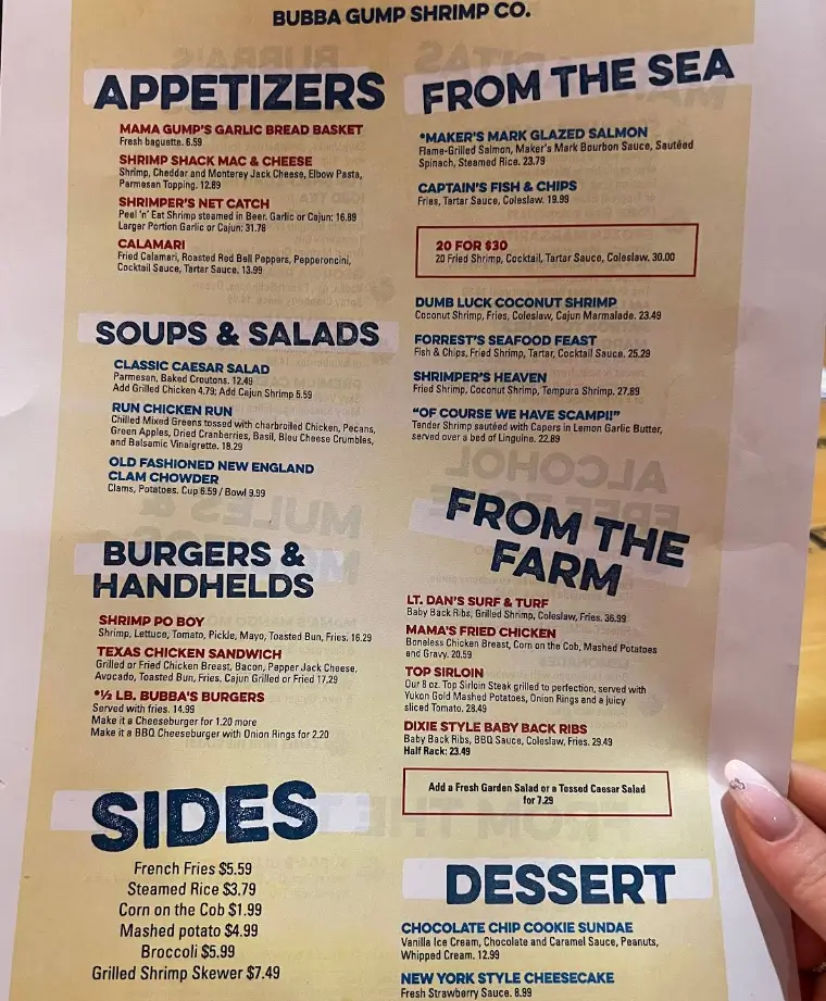 Bubba Gump Menu USA