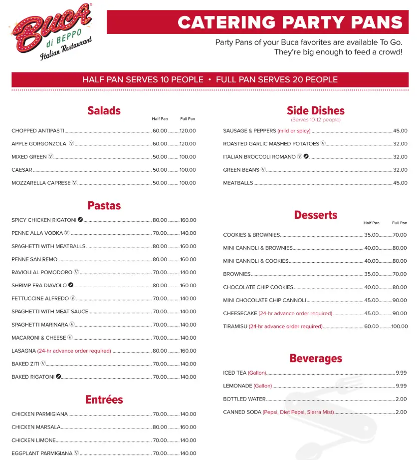 Buca di Beppo Catering Menu Prices USA