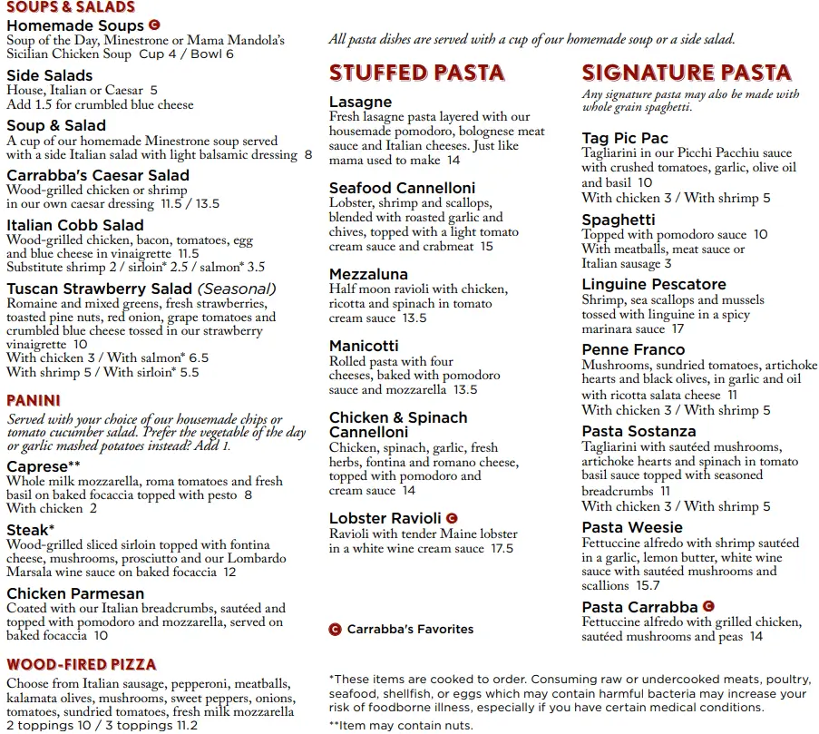 Carrabba's Italian Grill Menu With Prices USA