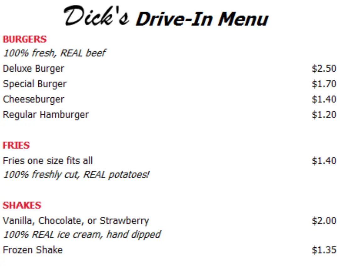 Dick's Drive-In Menu USA