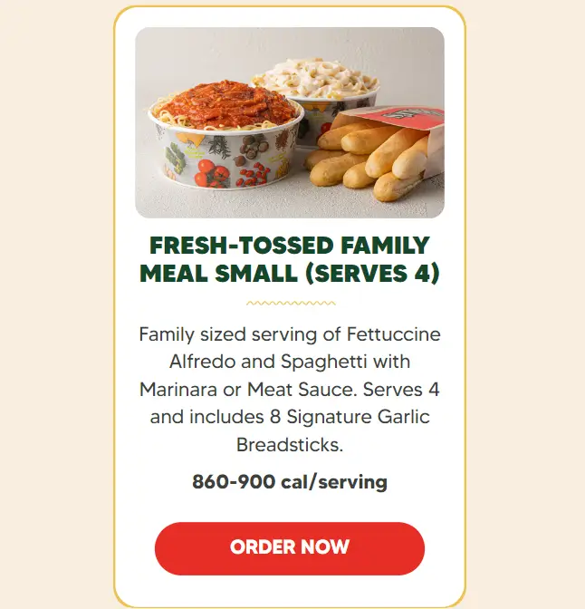 Fazoli's Family Meals Menu USA