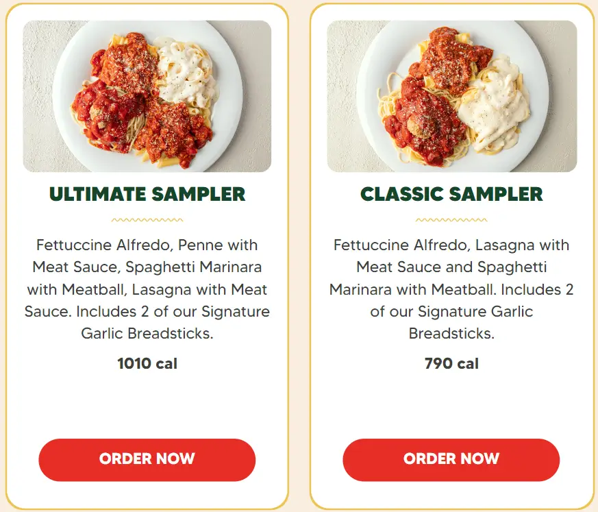 Fazoli's Pasta Samplers Menu USA