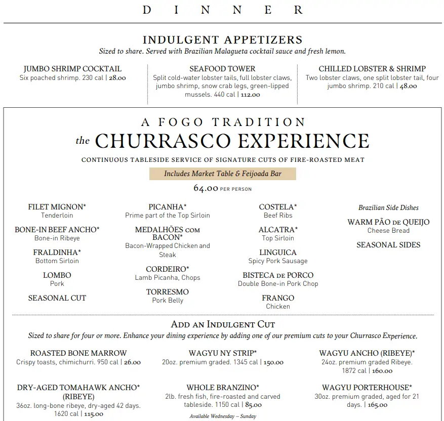 Fogo de Chao Menu Latest Prices USA