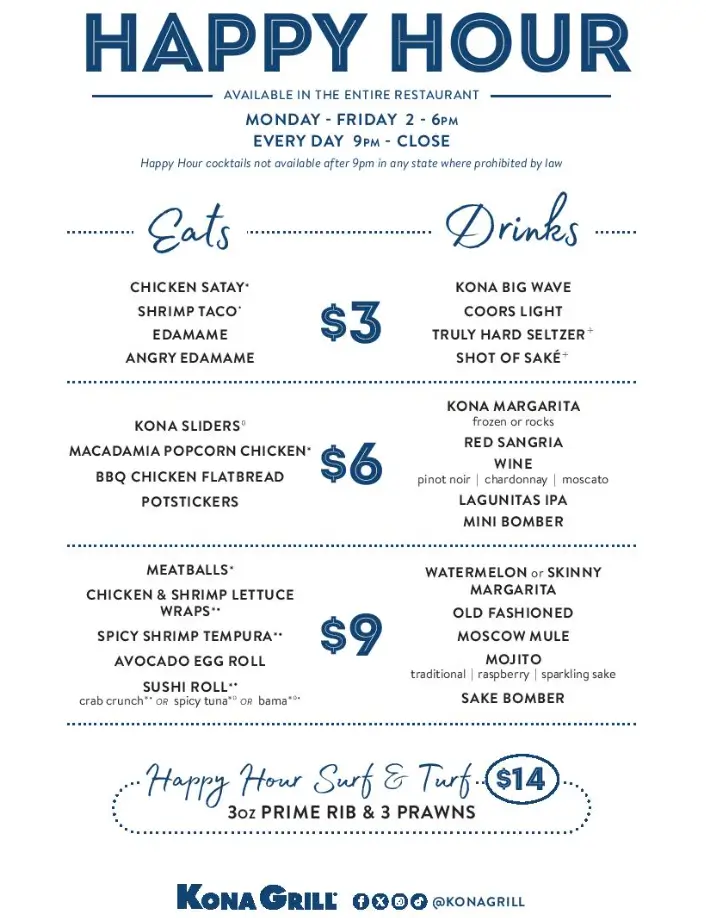 Kona Grill Happy Hour Menu USA