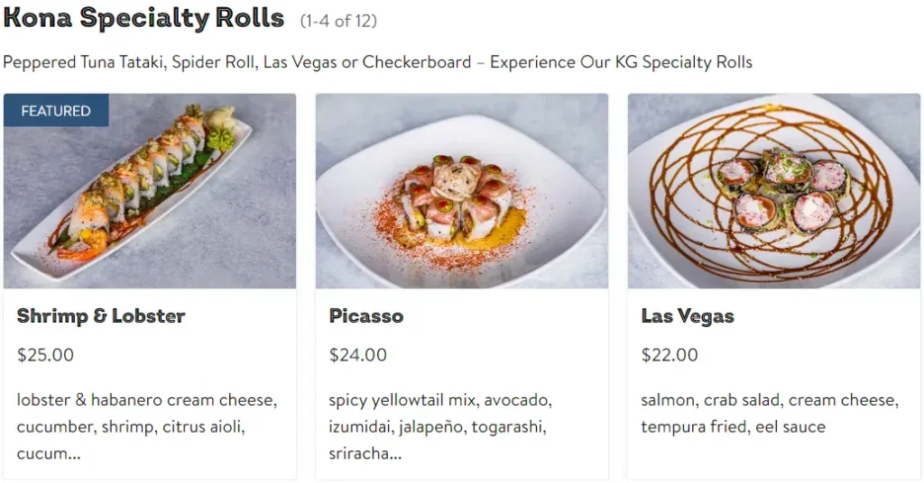 Kona Grill Specialty Rolls Menu USA