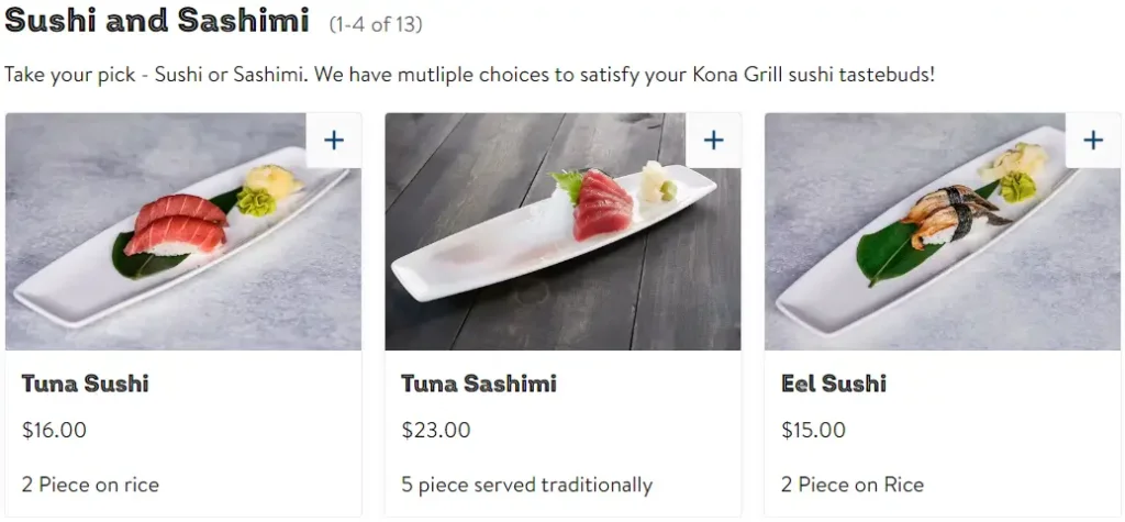 Kona Grill Sushi and Sashimi Menu USA