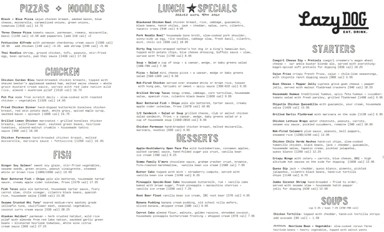 Lazy Dog Menu USA