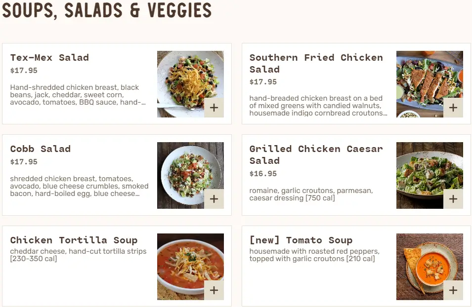 Lazy Dog Soups, Salads & Veggies Menu USA