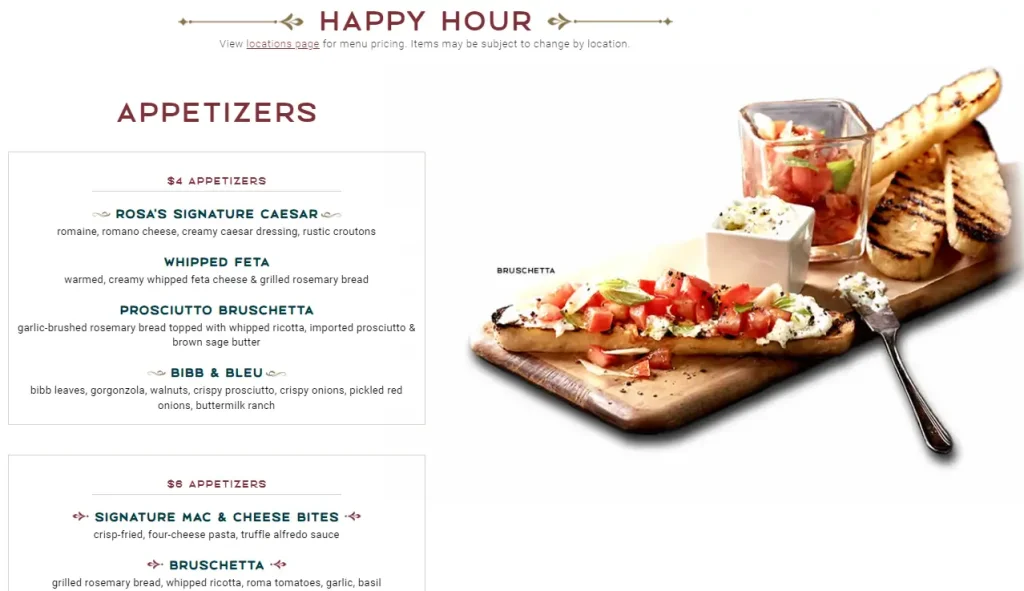 Macaroni Grill Happy Hour Appetizers Menu USA