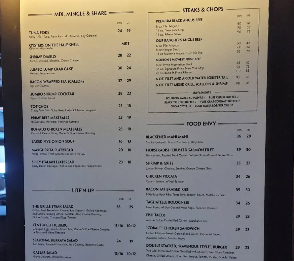 Morton's Steakhouse Menu Latest Prices USA