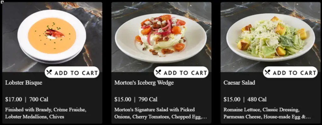 Morton's Steakhouse Soups & Salads Menu USA