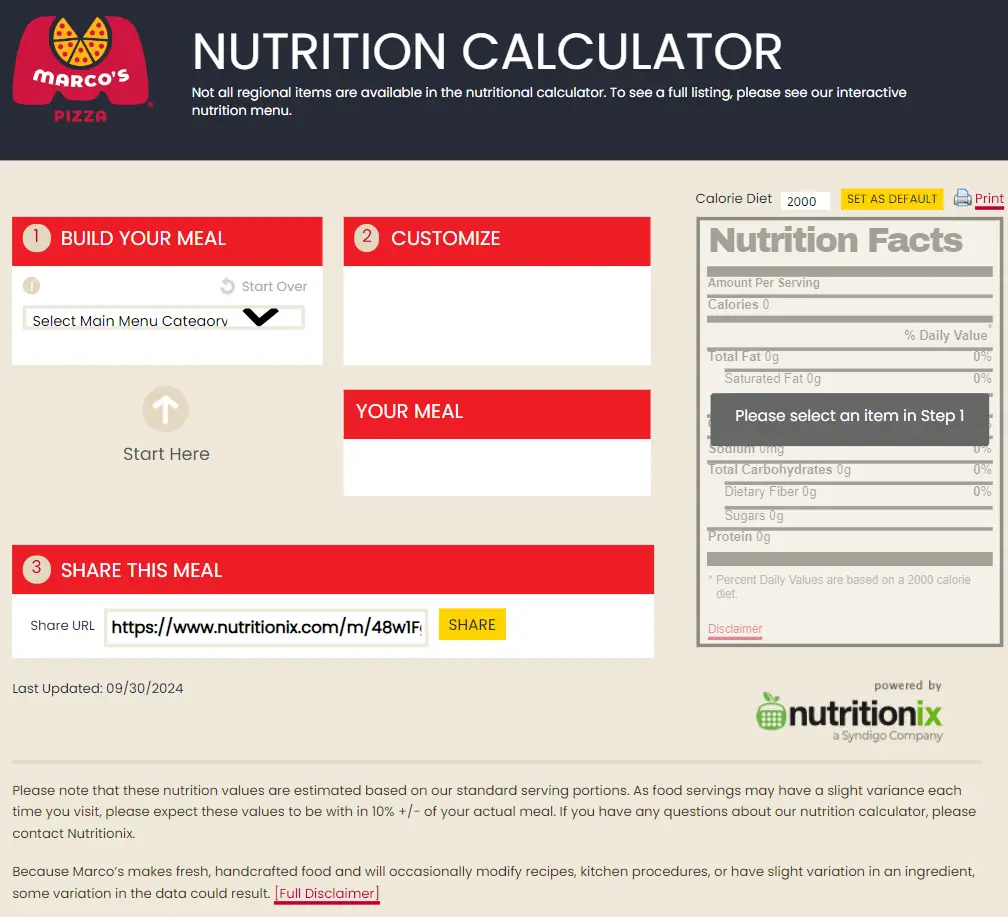 Nutrition Values Marco's Pizza Menu USA