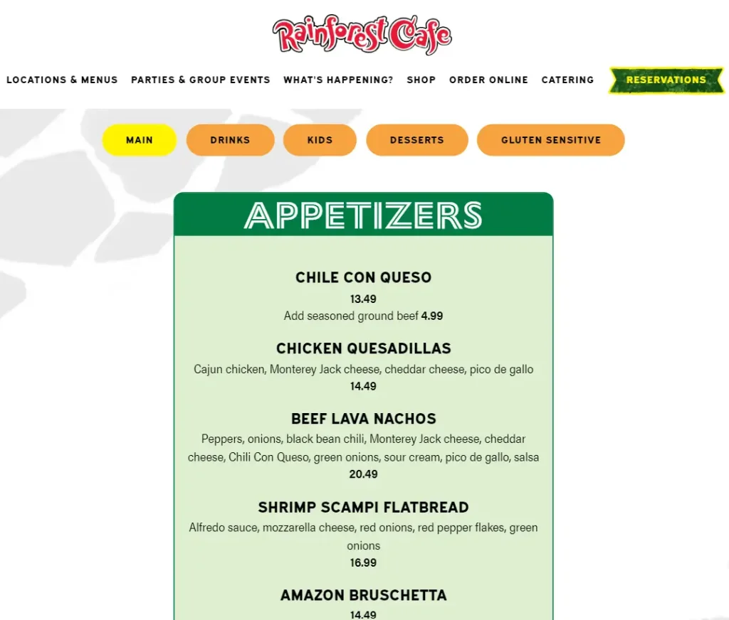 Order Rainforest Cafe Menu Items USA