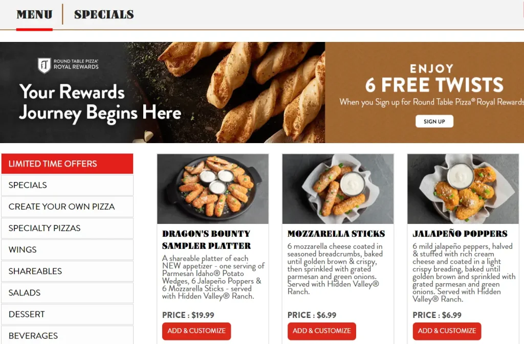 Order Round Table Pizza Menu Items USA