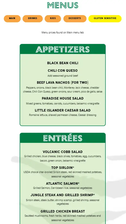 Rainforest Cafe Gluten Sensitive Menu USA