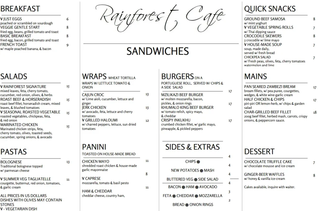 Rainforest Cafe Menu Prices USA