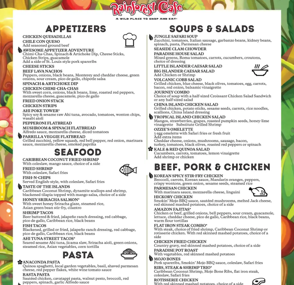 Rainforest Cafe Menu USA