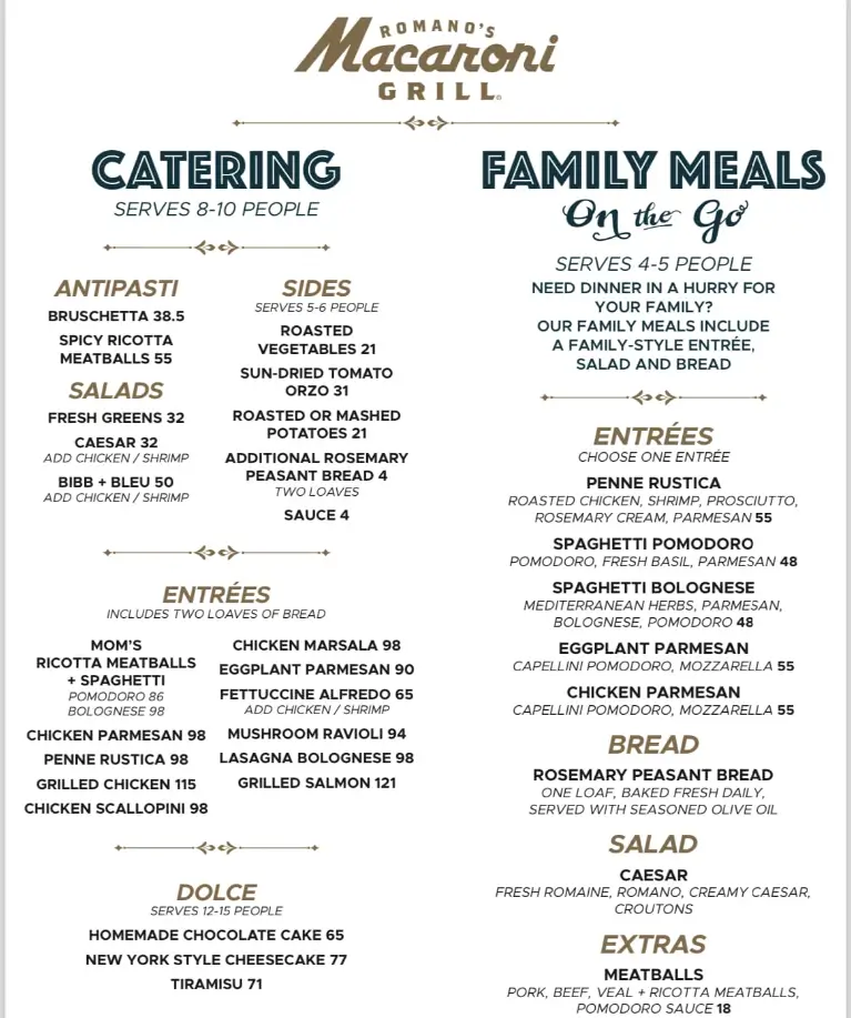 Romano's Macaroni Grill Catering Menu Prices USA