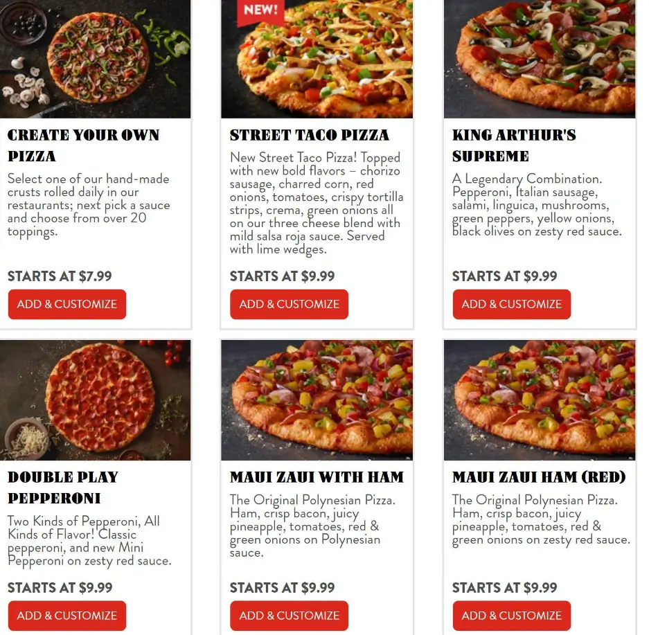 Round Table Pizza Menu Prices USA