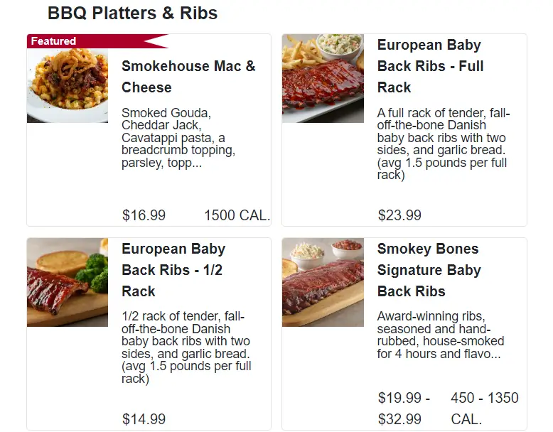 Smokey Bones BBQ Platters & Ribs Menu USA