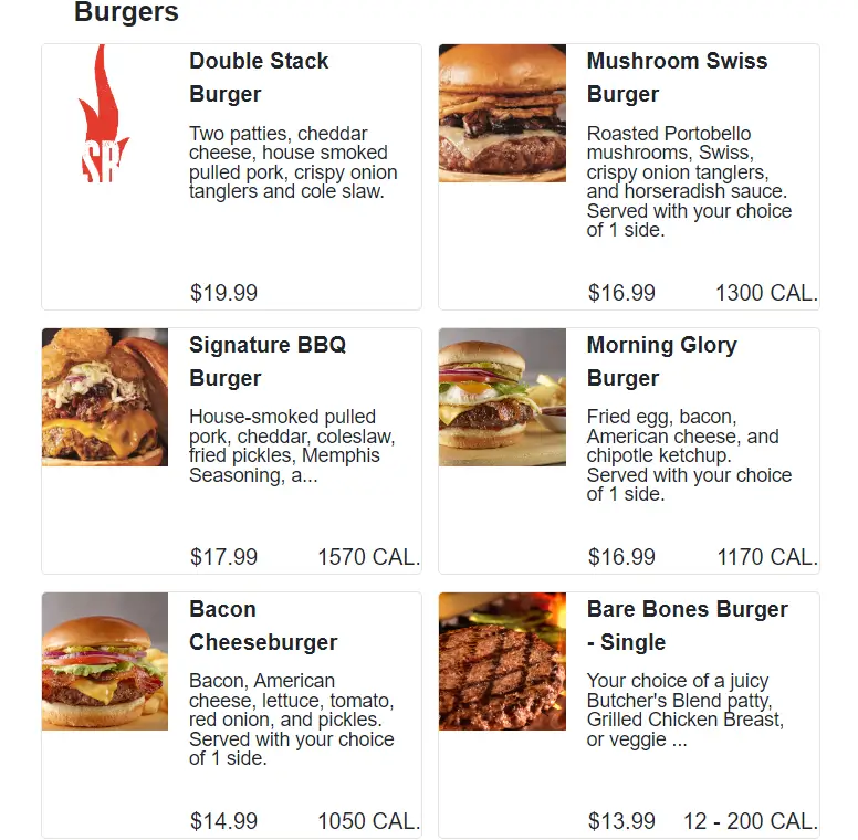 Smokey Bones Burgers Menu USA