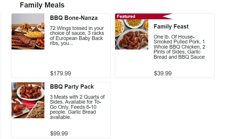 Smokey Bones Family Meals Menu USA