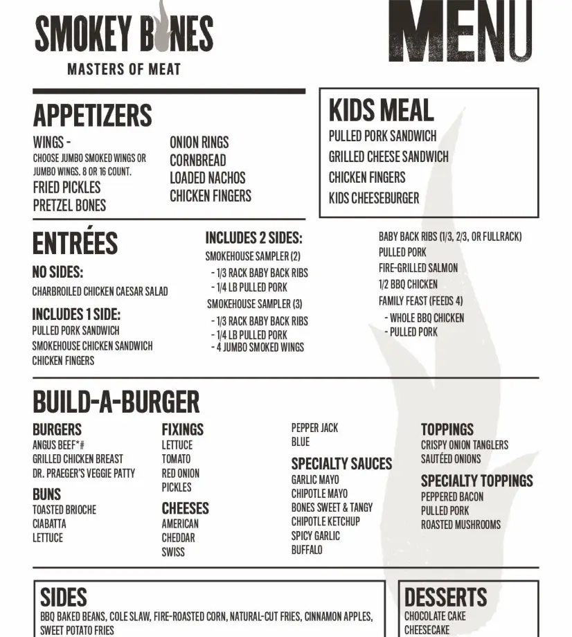 Smokey Bones Menu USA