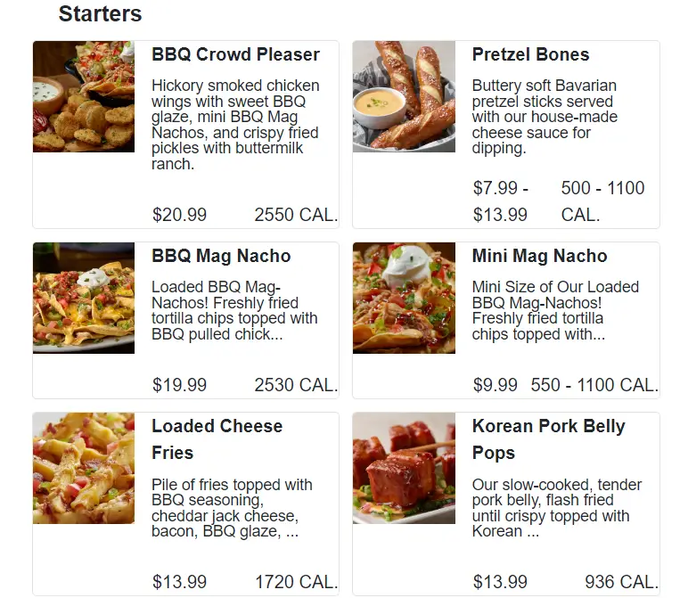 Smokey Bones Starters Menu USA