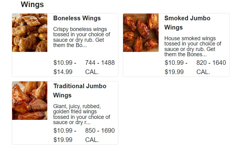 Smokey Bones Wings Menu USA