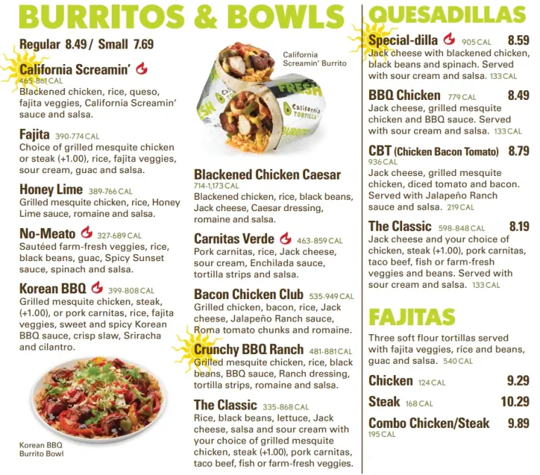 California Tortilla Menu USA